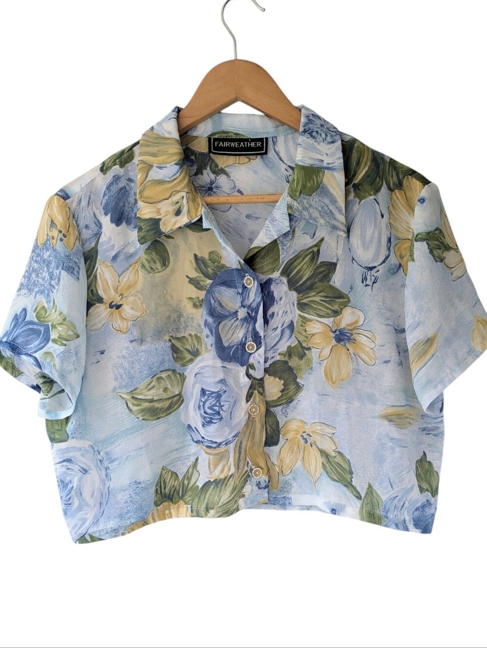 Vintage Watercolour Floral Cropped Sheer Button-Up Blouse